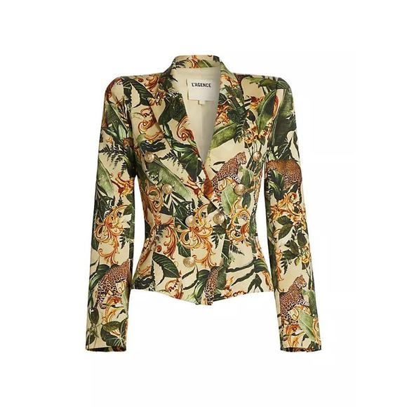 L'Agence Bethany Jungle Pattern Baroque Structured Blazer - 6 - Green Gold